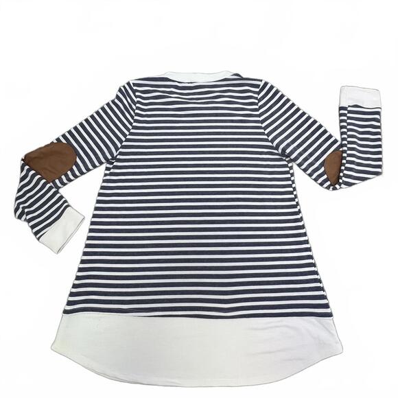 First Look Women’s Navy White Stripe Long Sleeve Shirt Elbow Patch Layered Small - Picture 7 of 9